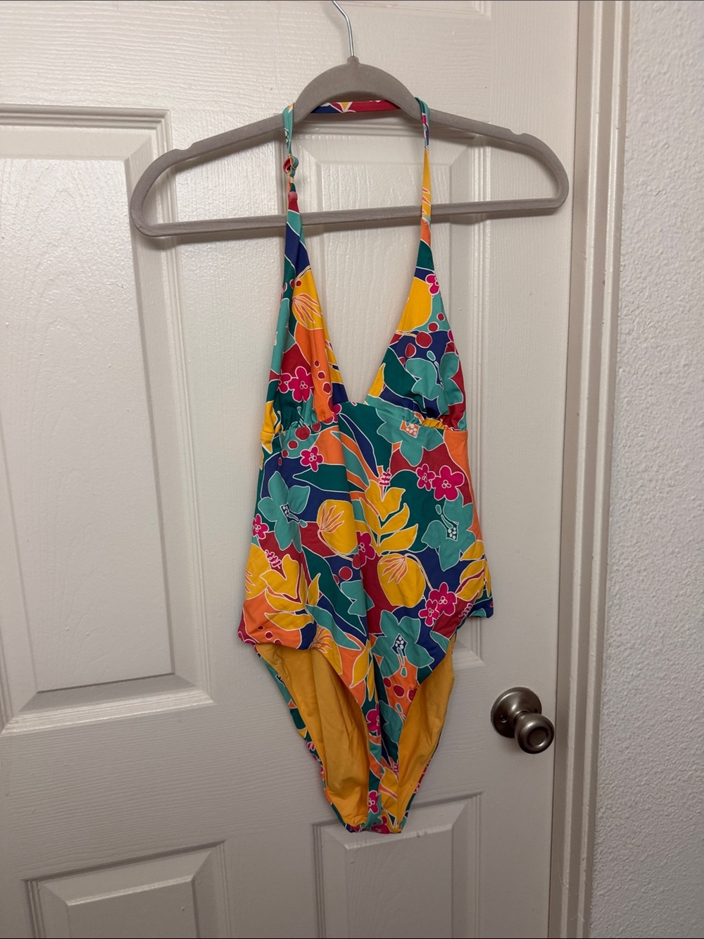 Tropical Floral One-Piece Swimsuit - Teal, Yellow, Pink